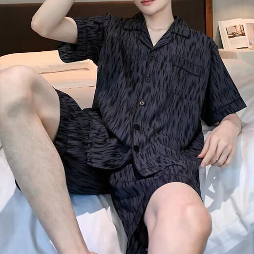 霖曼柔男生睡衣夏季薄款短袖短裤黑色条纹加大码开衫家居服两件套可外穿 681#双短男装大熊猫 2XL 【130-150斤】