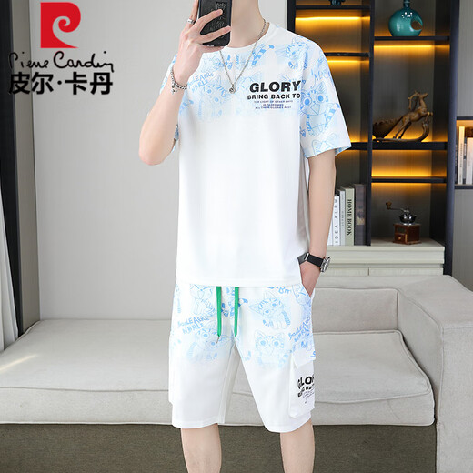 Pierre cardin 2025 summer new short-sleeved suit men's youth versatile shorts casual sports two-piece set gradient color men's clothing 6187 gray XL [suitable for 120-140Jin [Jin equals 0.5 kg]]