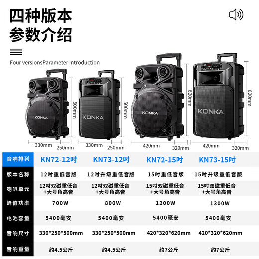 Konka Square Dance Audio Performance Singing K Song Street Stall Outdoor Mobile Trolley Speaker Subwoofer Home Portable Bluetooth High Power High Volume Three-band Wireless Microphone 15-inch Upgraded Subwoofer + 1 Microphone