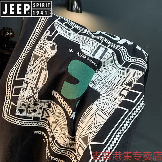 JEEP SPIRIT高端男士短袖T恤潮流2025年薄款黑色体恤衫夏季新款印花半袖上衣 黑色 【ZJ1098】 M 适合95-110斤穿