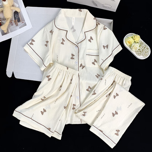 FENTENG (FENTENG) three-piece pajamas for women in summer 2025 new internet celebrity style spring and autumn cloud cotton short-sleeved short-sleeved long trousers home clothes 9922# cloud cotton three-piece set M 70-95Jin [Jin equals 0.5 kg]