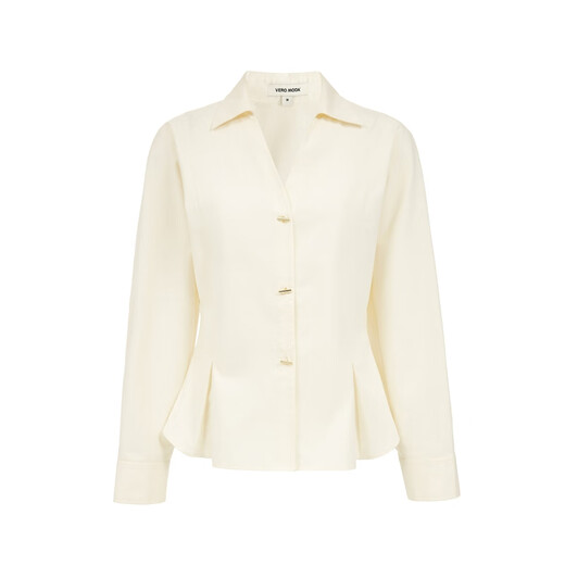 VEROMODA shirt 2025 winter new style pure cotton V-neck waist solid color simple top commuting fashion honey milk white XS