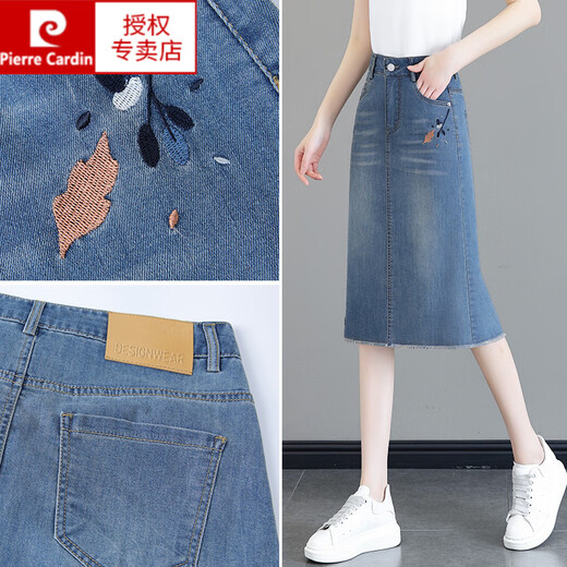 Pierre Cardin (Pierre Cardin) Überknee-Schlitzfell-Kanal-Denim-Rock für Frauen 2025 Sommer neuer schlanker Stickerei einstufige Hüft-Mid-Rock Blue XL 29 [Vorschlagen 15125jin [Jin gleich 0,5 kg]]]