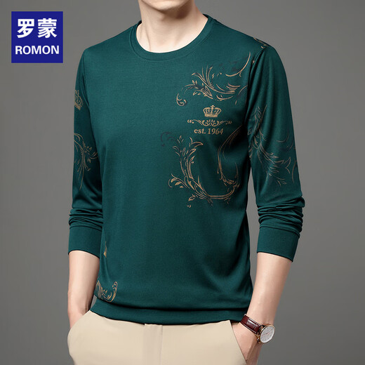 Romon (Romon) mittlerer und junger Sommereis-Eisseice Long-Ärmeln T-Shirt Dünner runder Hals 2023 Neuer Männer mit mittleren Altersbasis T-Shirt Trend B6627 Upper Green M 165/105/48100-120jin [Jin gleich 0,5 kg]