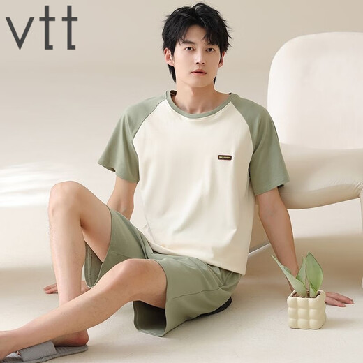 VTT纯棉短袖短裤男家居服套装夏季便携抗菌吸湿排汗可外穿 V短袖套装：OMM13601 L