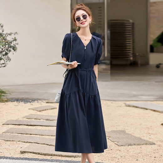 AEMAPE时尚纯棉短袖连衣裙女2025夏季新款半拉链V领气质收腰抽褶大摆裙 藏青色  3XL 建议135-150斤