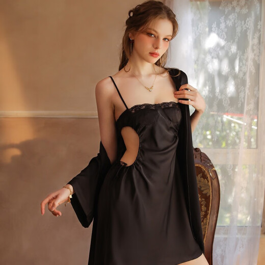 Montagut Pajamas français Sexy Sexy Hot Hollow Suspender Robe Set à deux pièces Spring and Automne Vêtements de maison à manches longues purs et lubriques XE6629 # Rose Rose avec poitrine ROSOVABLE ROSE MOSE MOTH