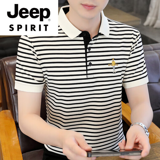 Jeep Spirit High-End Ice Seide gestreiftes Polo-Hemd Herrenanlagen kurzärmelig T-Shirt Sommer bestickt kühl halbärmelig T-Shirt Top T-Shirt Beige TB5012 M Empfohlen 85-105jin [Jin gleich 0,5 kg]