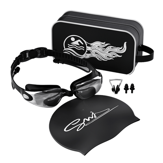 Shimeijia swimming goggles, high-definition anti-fog swimming goggles, swimming cap set, waterproof earplugs and nose clip glasses, electroplated black