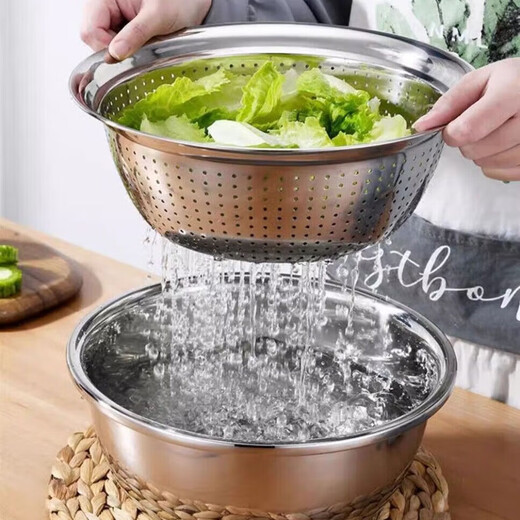 Vegetable cutting tool, multifunctional thickened stainless steel kitchen draining and grating basin, potato slices, radish grating, 3-piece set, 24cm solid basin + leaky basin + grating plate, food grade