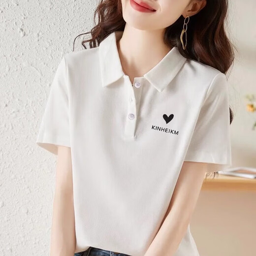 NY-RCE Kurzärärmig-T-Shirt für Frauen 2025 Sommer Pure Cotton Polo Nische lässig lockere, vielseitige Drucken-Lappel-T-Shirt Top 1476 Weiß (schwarzer Druck) l