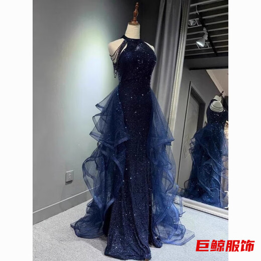 Tromlfz temperament evening dress skirt for women light luxury niche high-end host birthday coming-of-age ceremony elegant violin performance suit blue S