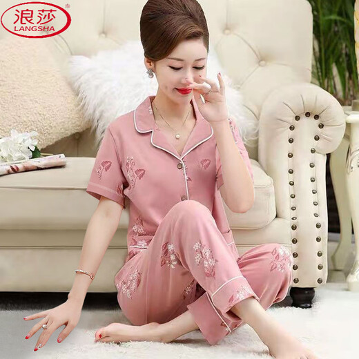 Langsha 2025 Sommer neuer Pyjamas für Frauen mit kurzärmeligen Baumwollhosen für Mütter mit dünnem Stil, plus Größe, mittleren und älteren Baumwollset 653 m für 80-100 Jin [Jin gleich 0,5 kg].