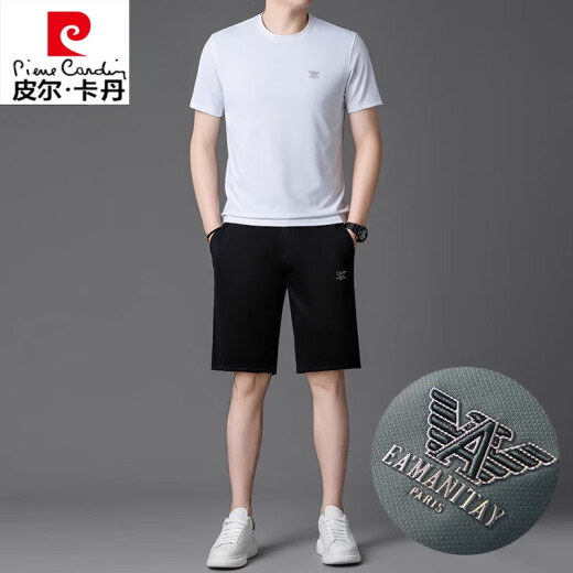 皮尔卡丹高端桑蚕丝运动套装男士2025夏季冰.丝短袖T恤男装套装休闲两件套 白色套装【13603-1】 M 165 【适合体重100-120斤】