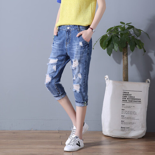 KCEY tight denim women's 2025 summer thin cropped pants for women loose outer wear 7-point pants Korean version beggar looks slimming 6630 dark seven-point [elastic waist] 26 size [recommended 80-90 Jin [Jin equals 0.5 kg] b