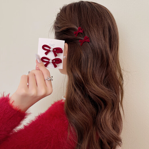 Red flocked hairpin for women, bow-knot duckbill clip for broken hair, side bangs clip, cute princess headdress, small grabber, red one-piece clip, 1-piece set