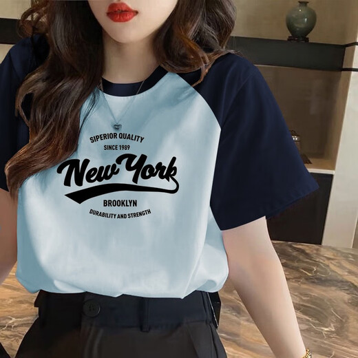 GTYUWVG黑白撞色插肩袖纯棉短袖t恤女2025新款欧货夏季宽松正肩半袖上衣 1585白色/黑色插肩款短袖粉色印 S