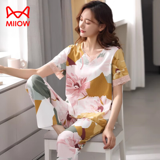 Catman MIIOW Modal cotton pajamas women's spring and summer short-sleeved trousers thin loose large size for outdoor wear H3527 (RC modal/soft and comfortable) M 80-100Jin [Jin equals 0.5 kg]