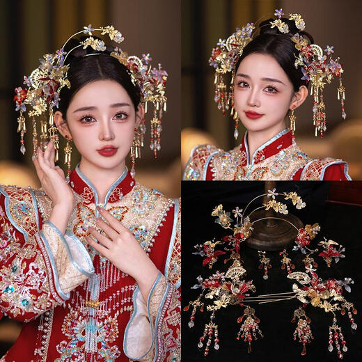 
Pang Donglai Quality Bride Xiuhe Headdress New Chinese Style 2025 New Style Antique Hair Clothing Wedding Dress Accessories Yongjie Tongxin Headdress Set (Ear Clip)