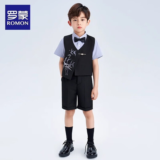 Romon boys dress suit summer suit children's national style new Chinese embroidered vest handsome performance costume black 150