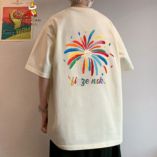 稻草人短袖t恤男夏季新款彩色印花体恤潮牌运动休闲圆领半袖上衣服 白色 T829 L