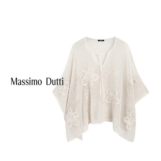 Massimo Dutti折扣升级2025女装海岛度假风刺绣镂空网眼V领针织罩衫05764716 米白色 M (170/92A)尺码偏大