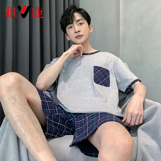 雅鹿睡衣男夏季短袖短裤棉质青少年初中学生套装男款家居服胖子4XL HDE9930 XL