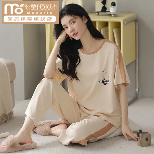 
Modal cotton pajamas for women short-sleeved trousers for summer Korean women's round neck suit thin cotton exterior wear home clothes RN9712# short-sleeved trousers Cotton M (80-100Jin [Jin equals 0.5 kg])