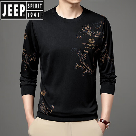 JEEP SPIRIT吉普中青年夏季冰丝长袖t恤男士薄款圆领2025新款中年男打底衫t恤 B6627绿色 3XL 185/125/56175-185斤