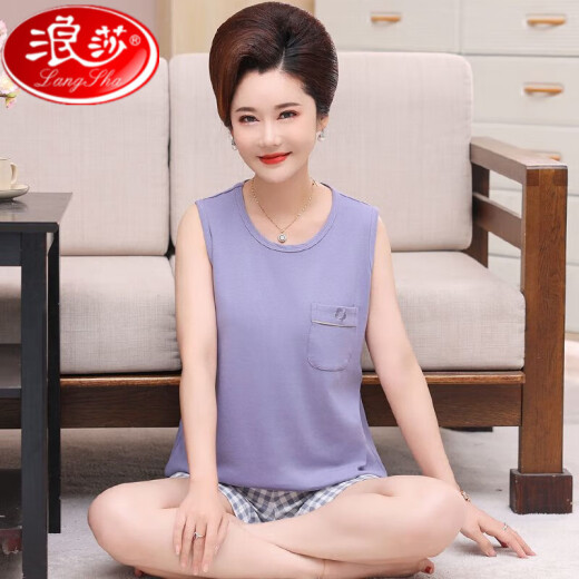 浪莎中老年睡衣女夏天棉质背心中裤中年妈妈加肥加大码无袖家居服套装 1355# M [建议80-100斤]