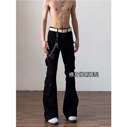 POUM American high street scimitar jeans for men in autumn vibe strappy jeans for men with all-match workwear pants for men DF-411 black L recommended 105--120 Jin Jin equals 0.5 kg