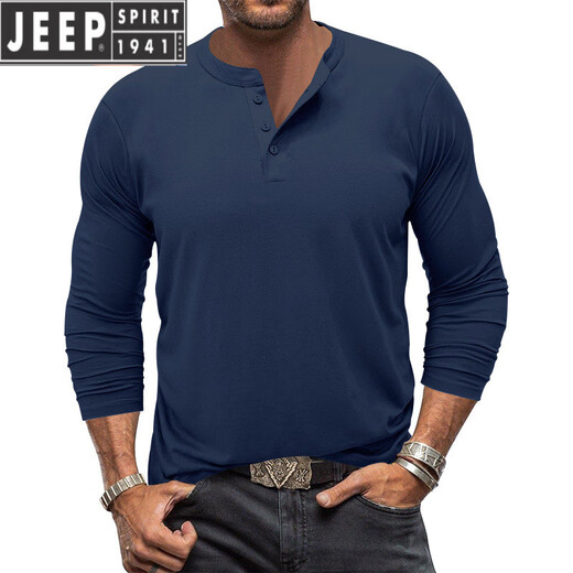 JEEP SPIRIT spring and autumn men's t-shirt American young and middle-aged solid color long-sleeved henley shirt men's simple versatile quick-drying sports T-shirt black XL
