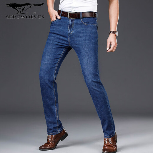 Septwolves 2025 Spring and Autumn New Thick Elastic Business Men's Straight Men's Jeans Trousers Casual Pants in Stock 124HB3882 Dark Blue 32