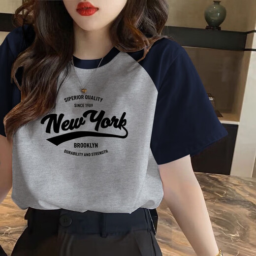 GTYUWVG黑白撞色插肩袖纯棉短袖t恤女2025新款欧货夏季宽松正肩半袖上衣 1585白色/黑色插肩款短袖粉色印 S