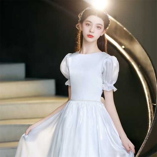 琪双睿女童连衣裙夏季高级感轻奢小众礼服钢琴演出服小女孩生日宴公主裙 米白短袖 均码 量身定做尺寸不退不换