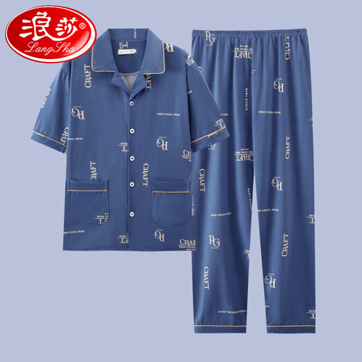 Langsha (Langsha) 2025 Neue Pyjama für Männer mit kurzärztem reinem Baumwollanzug Sommer-Herrenhosen Teenagern können außerhalb der G3884-Hose aus Blau-Short-Ärmeln zu Hause tragen.