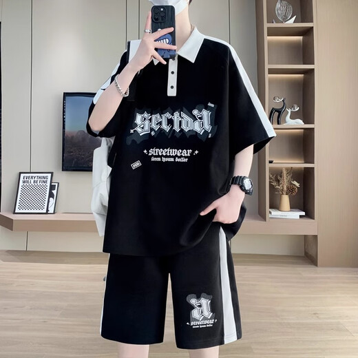 Gegusen summer thin short-sleeved T-shirt boy 12-16-year-old teenagers handsome big children trendy casual suit trend 6629 black (short-sleeved + shorts) 2XL 145-160Jin [Jin equals 0.5 kg]
