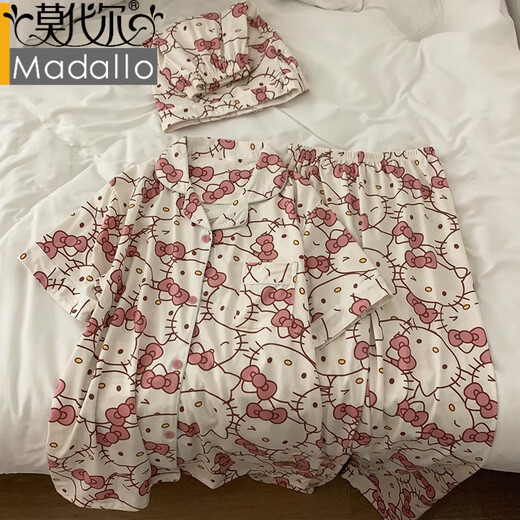 莫代尔冰丝睡衣女ins风凯蒂猫hellokitty春夏季可爱甜美三件套家居服女 14101# M 【建议80-100斤】