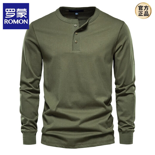 ROMON long-sleeved T-shirt men's pure cotton heavyweight army green Henry shirt bottoming shirt American spring and autumn round neck open collar top Army green L (weight 145-165Jin Jin equals 0.5 kg)