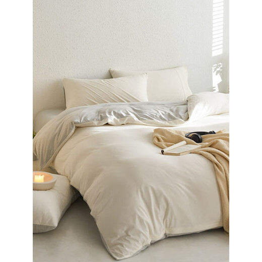 Category A baby-grade knitted cotton four-piece set, sleeping naked pure cotton Tianzhu cotton 100 cotton quilt cover sheet, fitted sheet, cream blue-double set, sheet style set 1.5m (5 feet) bed