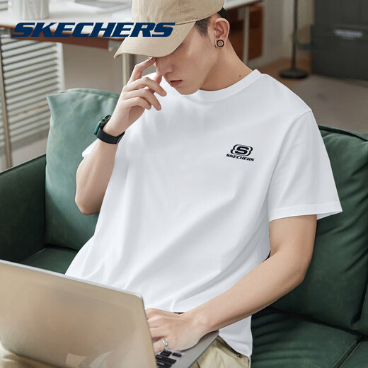 SKECHERS斯凯奇休闲短袖男士夏季跑步户外运动半袖纯棉圆领时尚潮流t恤男 U071-0019亮白色 L /175