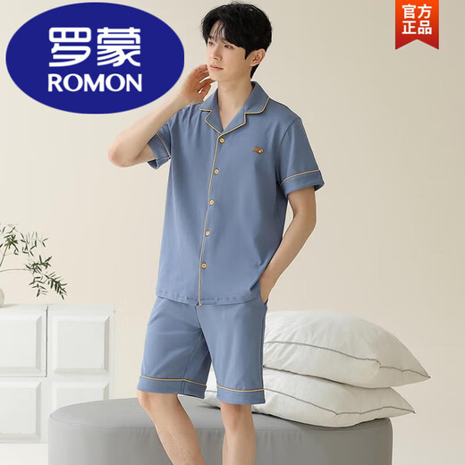 罗蒙（ROMON）睡衣男士夏季纯棉短袖短裤开衫薄款大码纯色休闲家居服套装夏季男 蓝绿色12801【100%纯棉】 L 【建议100-120斤穿】