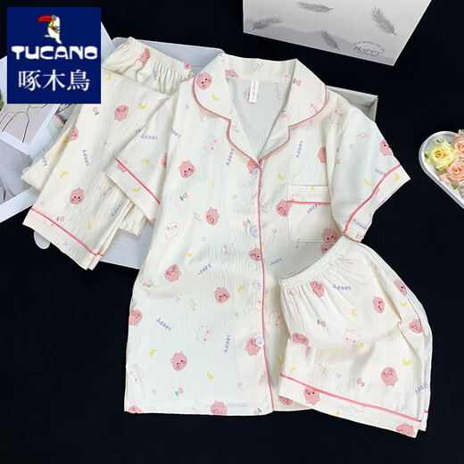 Woodpecker Cute Ruby Pure Cotton Gauze Pajamas for Women in Summer Short Sleeve Three-Piece Set Internet Celebrity Cartoon Outdoor Home Summer Cloud Cotton-J9901# Paradise Puppy Three-Piece Set M [Suggested 75-100Jin [Jin equals 0.5 kg]]