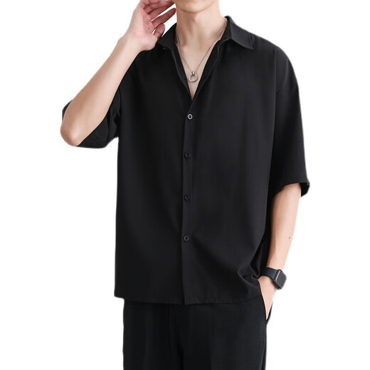 Short-sleeved shirt men's 2025 summer ice silk black casual shirt loose draping spring new business top white 3XL recommendation [165-175Jin[Jin equals 0.5 kg]]