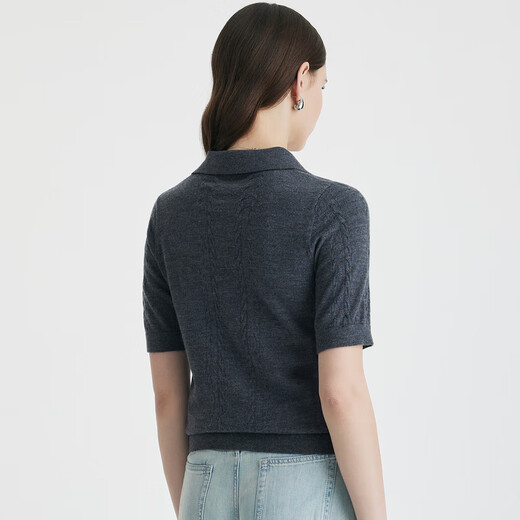 PALUOPO 100% Wool 25 Fall Polo Neck Cardigan Women's Elegant Solid Color Short Sleeve T-Shirt Knitted Sweater Dark Gray S 155/95