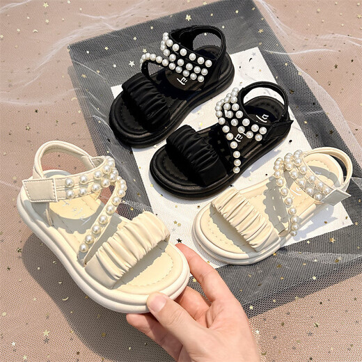 Children's sandals girls 2025 summer new style girls princess sandals medium and large children pearl soft bottom sports beach shoes white 35