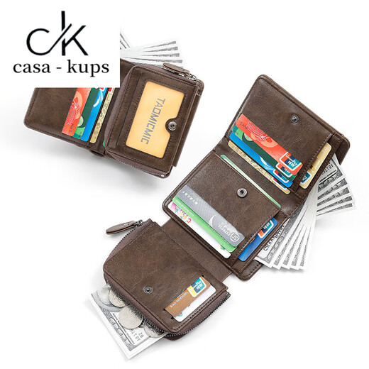 Casa-kupsck Short Wallet Herrenbag 2025 Neues dreifach einfaches Retro Trendy große Kapazitätskarte Reißverschluss Führerschein Brieftasche Kaffeefarbe