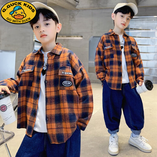 G.duck children's clothing boys' shirt spring and autumn children's shirt long-sleeved cotton 2026 new medium and large children's plaid casual jacket orange double label shirt 110 size (suitable for height around 100cm)