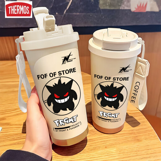 膳魔师（THERMOS）创意耿鬼保温杯大容量吸管水杯便携双饮口咖啡杯子新款男女高颜值 BXAB13790幽灵+配挂绳 316不锈钢