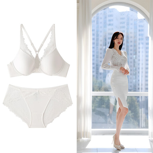 维多利亚宫廷前扣文胸小胸聚拢法式软钢圈蕾丝文胸性感交叉美背调整型内衣套装 黑色 75A /34/M内裤